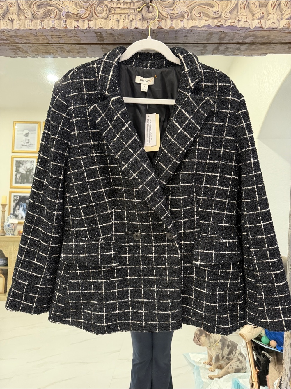 NWT ON 34th Black & White Windowpane Tweed Blazer with shimmer